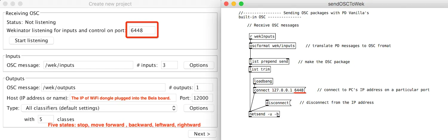 Pd send OSC to Wekinator